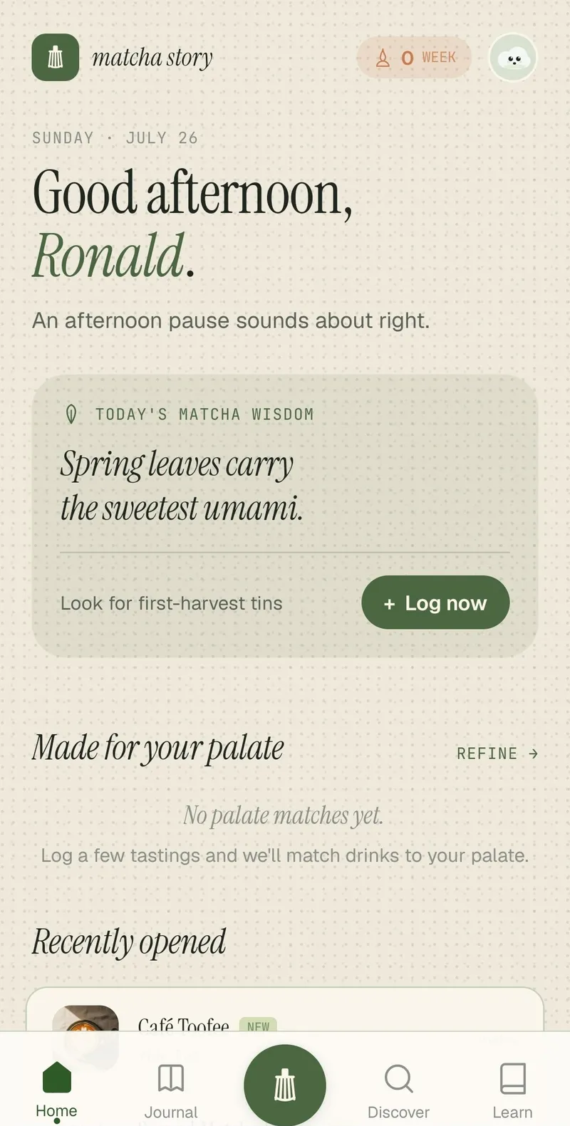 Matcha Story home screen with today's matcha wisdom and recently opened cafés