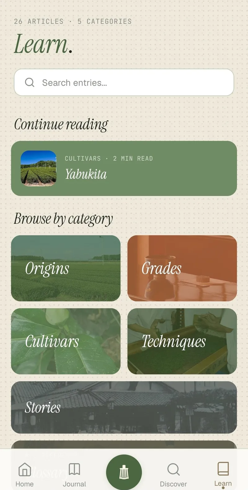 The Learn tab with its five categories and a continue-reading card