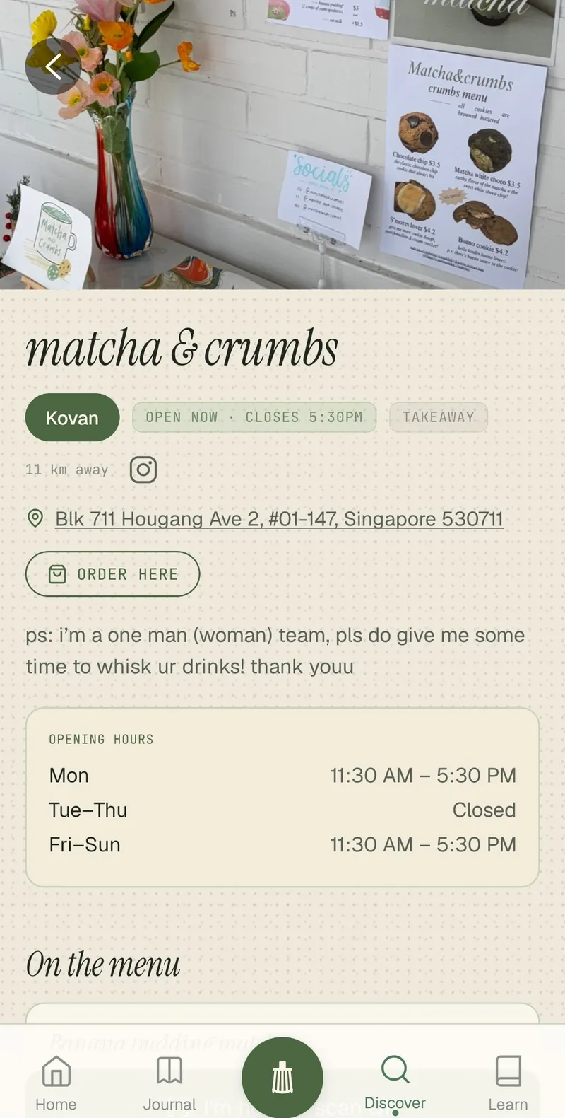 A café listing with its hours, address and order link